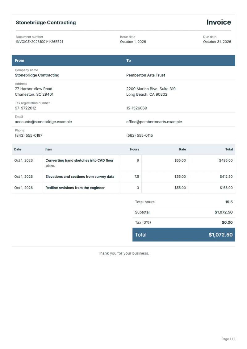 Free CAD drafting invoice template: sample document with fictional company names, dates, hours, hourly rates and the total