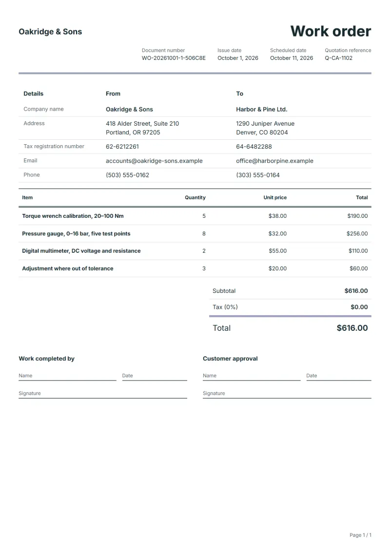 Free calibration work order template: sample document with line items, quantities, prices and the total