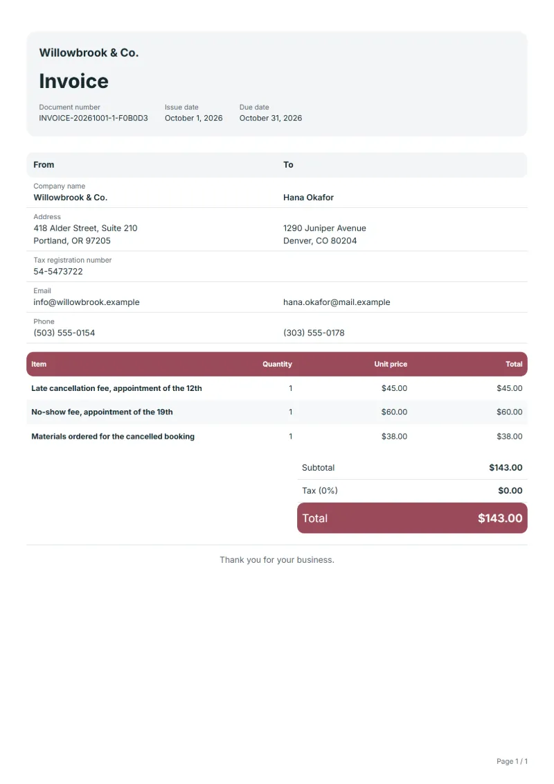 Free cancellation fee invoice template: sample document with line items, quantities, prices and the total
