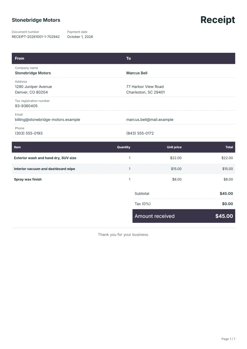 Free car wash receipt template: sample document with fictional company names, line items, quantities, prices and the total