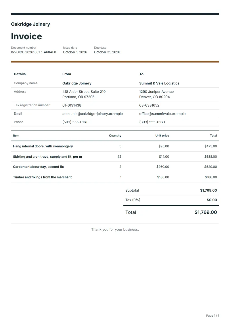 Free carpenter invoice template: sample document with fictional company names, line items, quantities, prices and the total