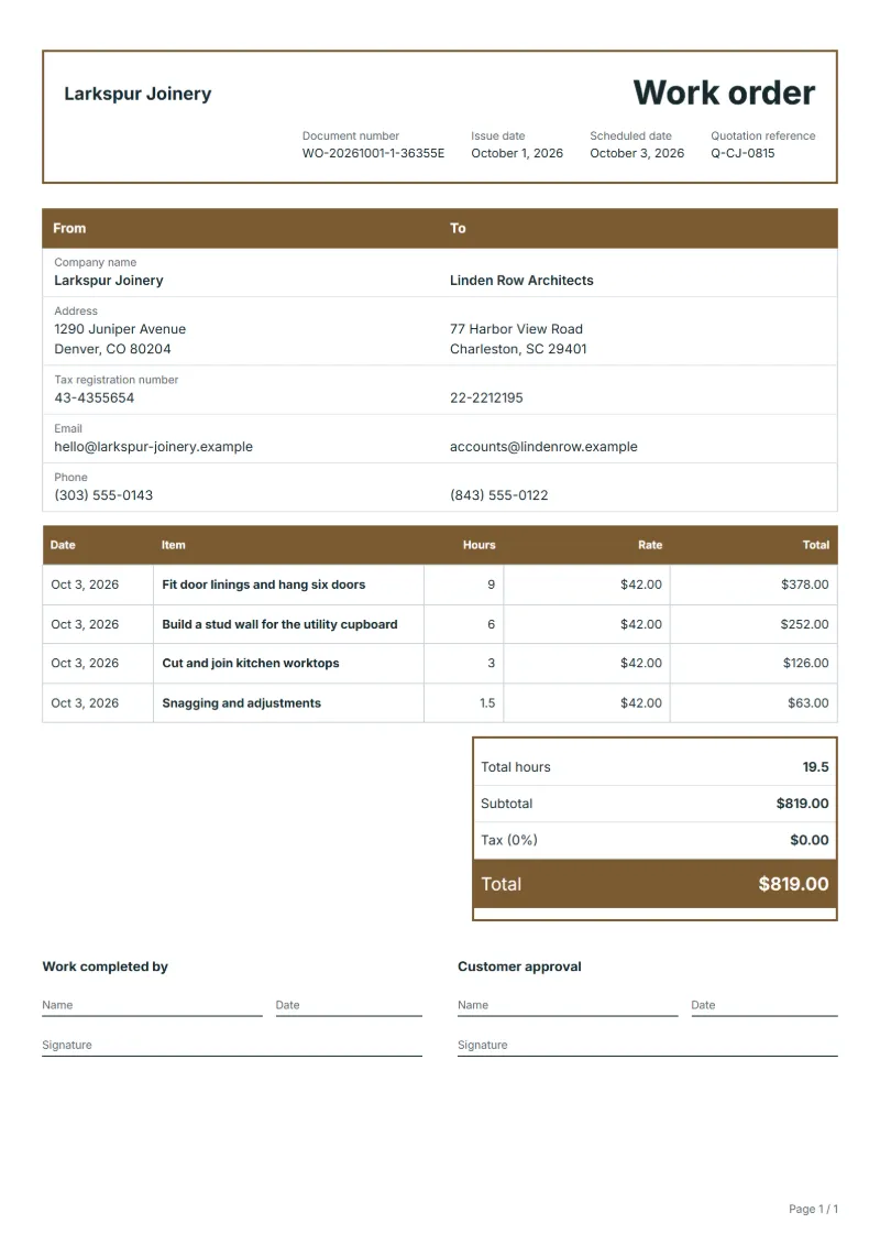 Free carpentry job work order template: sample document with dates, hours, hourly rates and the total