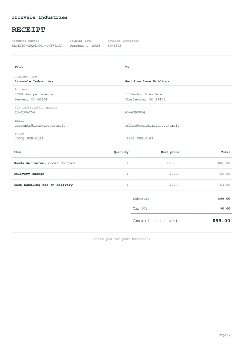 Free cash on delivery receipt template: sample document with line items, quantities, prices and the total