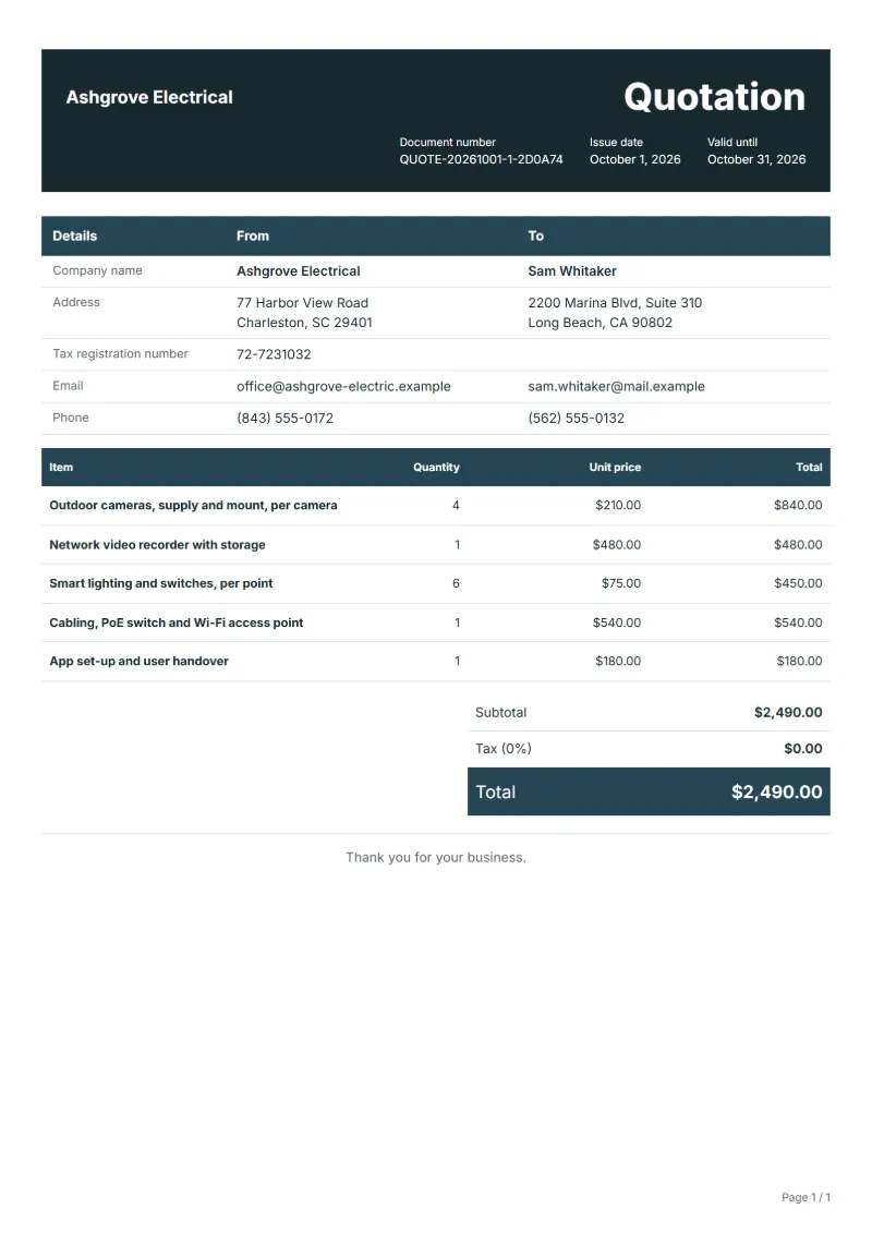 Free CCTV and smart home installation quotation template: sample document with line items, quantities, prices and the total