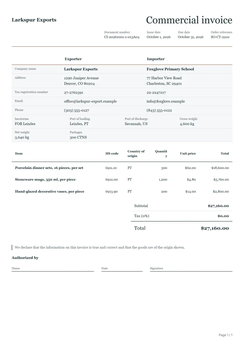 Free ceramic tableware commercial invoice template: sample document with HS code and origin columns, prices and the total