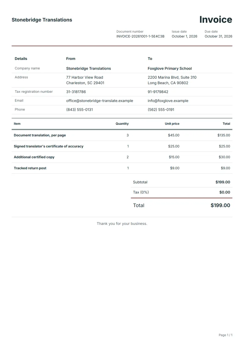 Free certified translation invoice template: sample document with line items, quantities, prices and the total