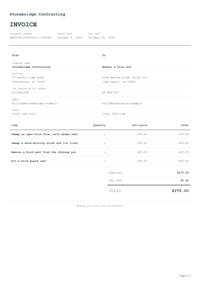 Free chimney sweep invoice template: sample document with line items, quantities, prices and the total