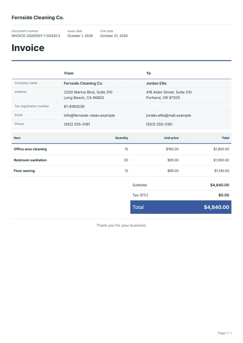 Free office cleaning invoice template: sample document with line items, quantities, prices and the total