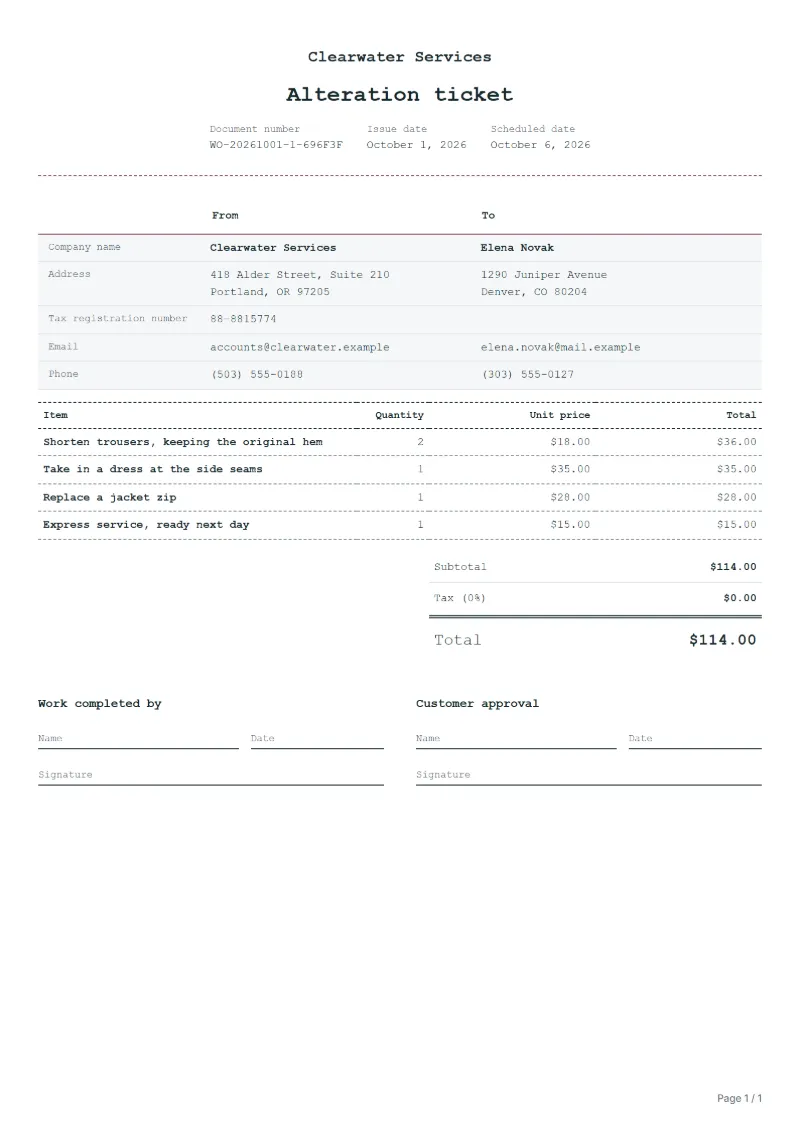 Free clothing alteration ticket template: sample document with line items, quantities, prices and the total