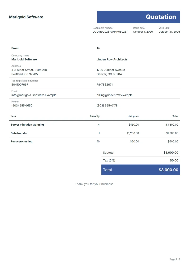 Free cloud migration quotation template: sample document with line items, quantities, prices and the total