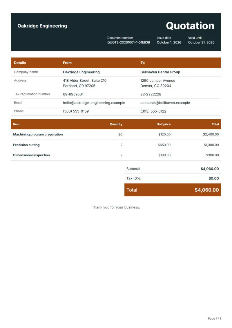 Free CNC machining quotation template: sample document with line items, quantities, prices and the total