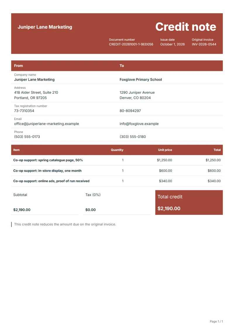 Free co-op advertising credit note template: sample document with line items, quantities, prices and the total