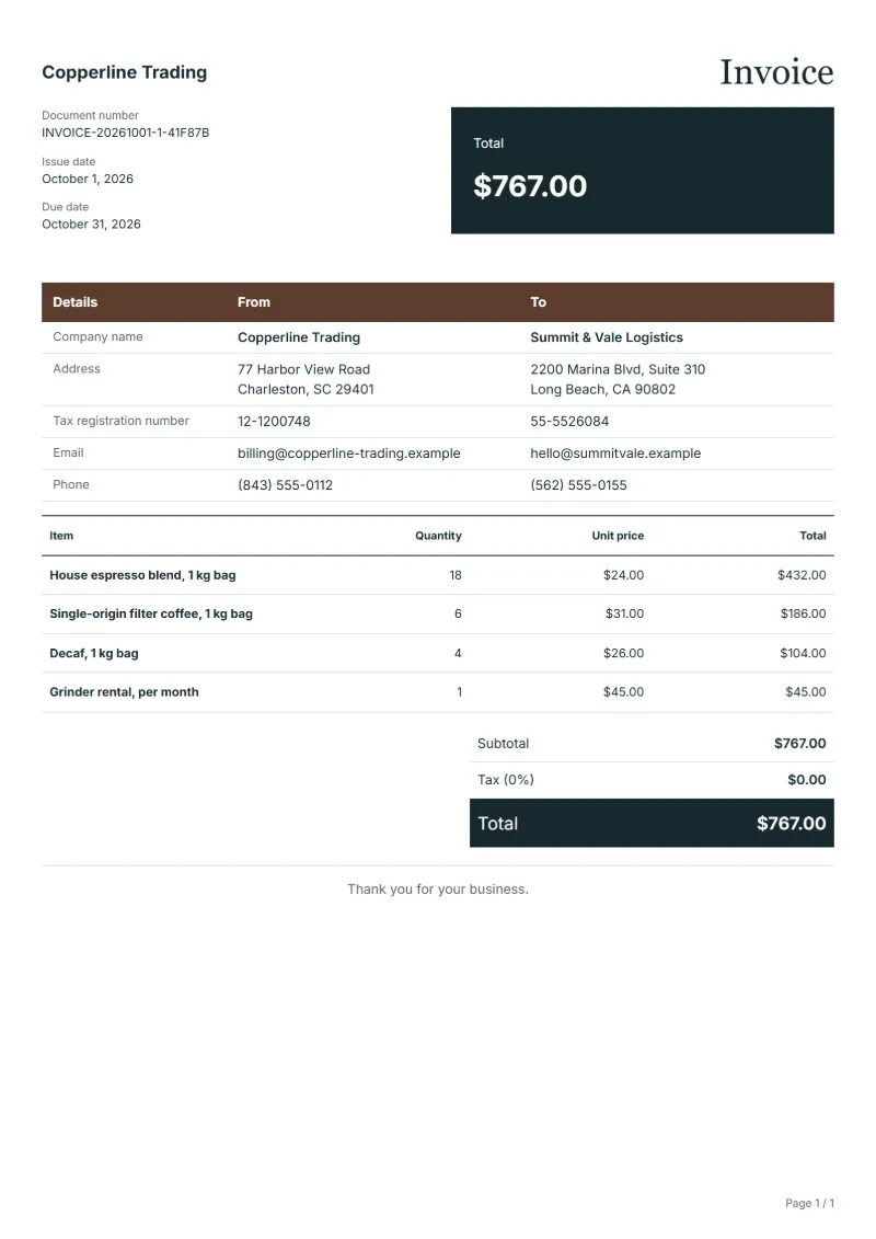 Free coffee roaster wholesale invoice template: sample document with line items, quantities, prices and the total