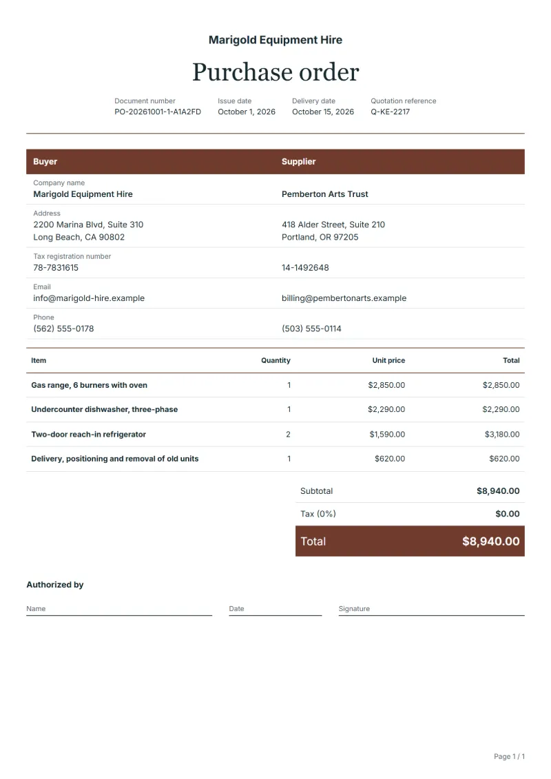 Free commercial kitchen equipment purchase order template: sample document with line items, quantities, prices and the total