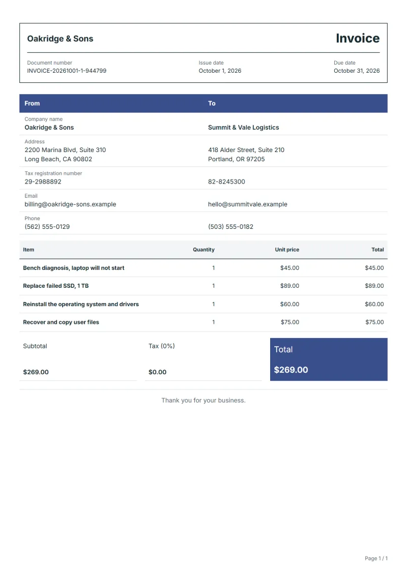 Free computer repair invoice template: sample document with line items, quantities, prices and the total
