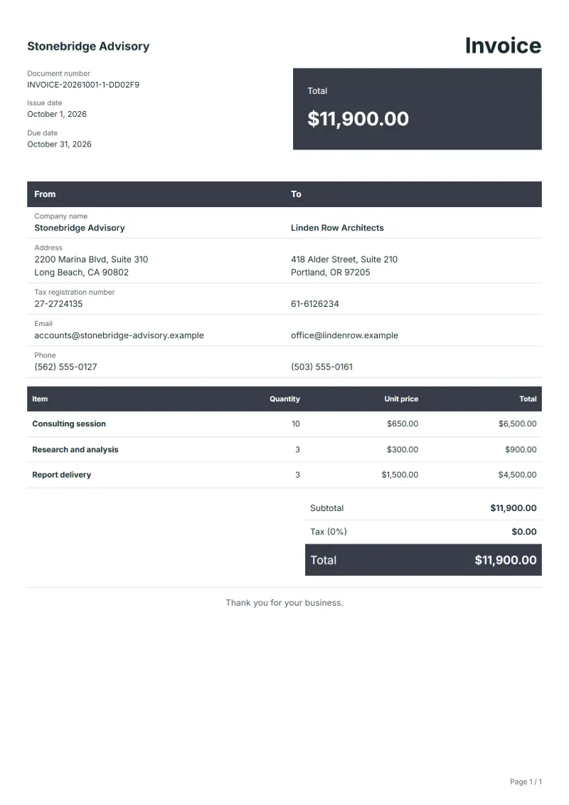 Free consultant invoice template: sample document with fictional company names, line items, quantities, prices and the total