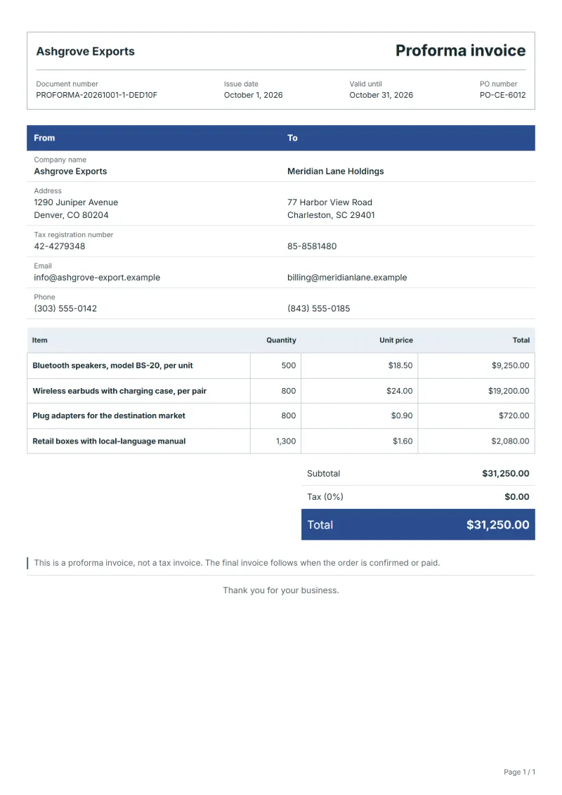 Free consumer electronics proforma invoice template: sample document with line items, quantities, prices and the total