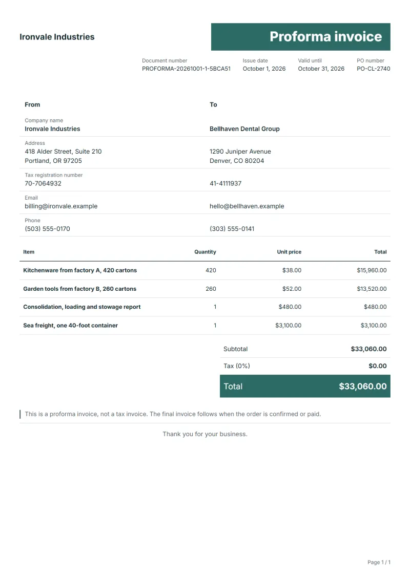 Free container consolidation proforma invoice template: sample document with line items, quantities, prices and the total