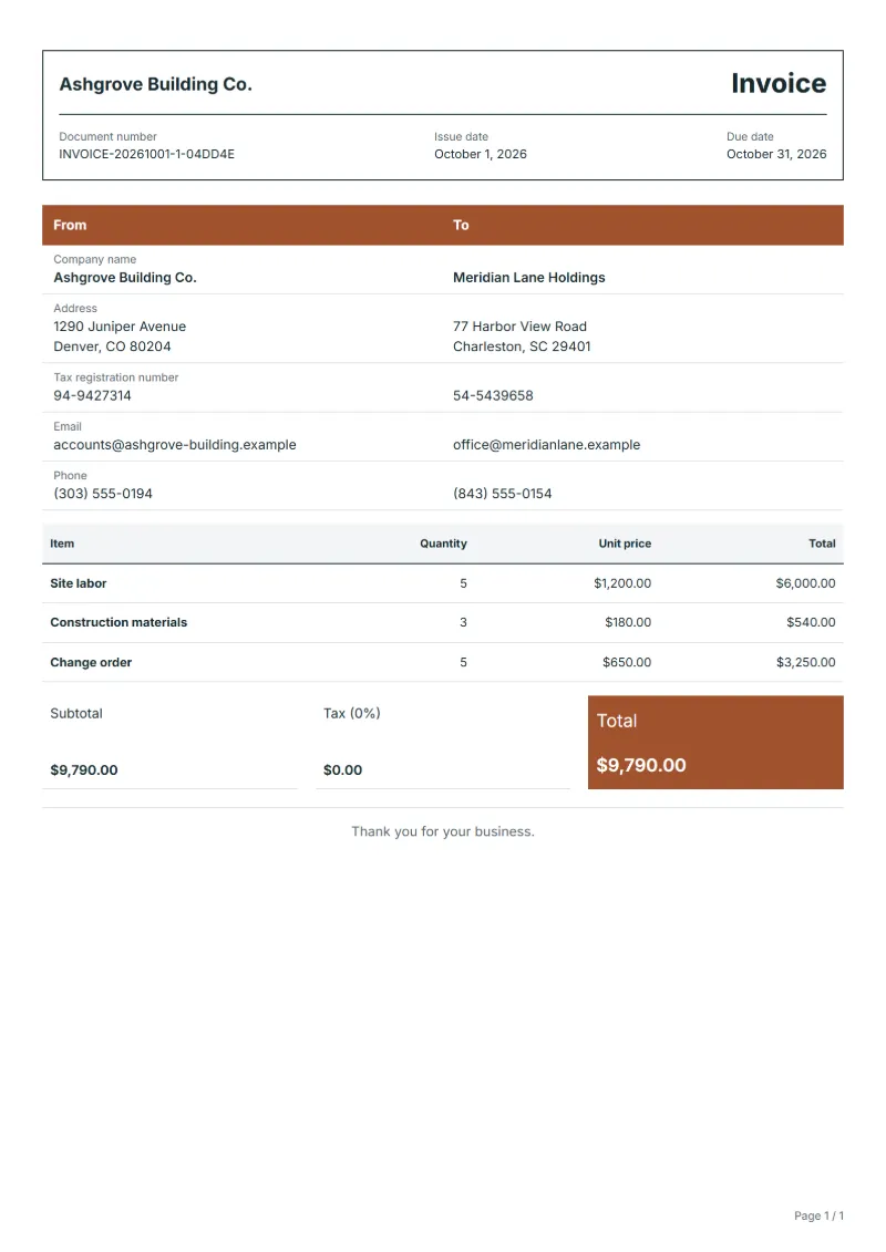 Free contractor invoice template: sample document with fictional company names, line items, quantities, prices and the total
