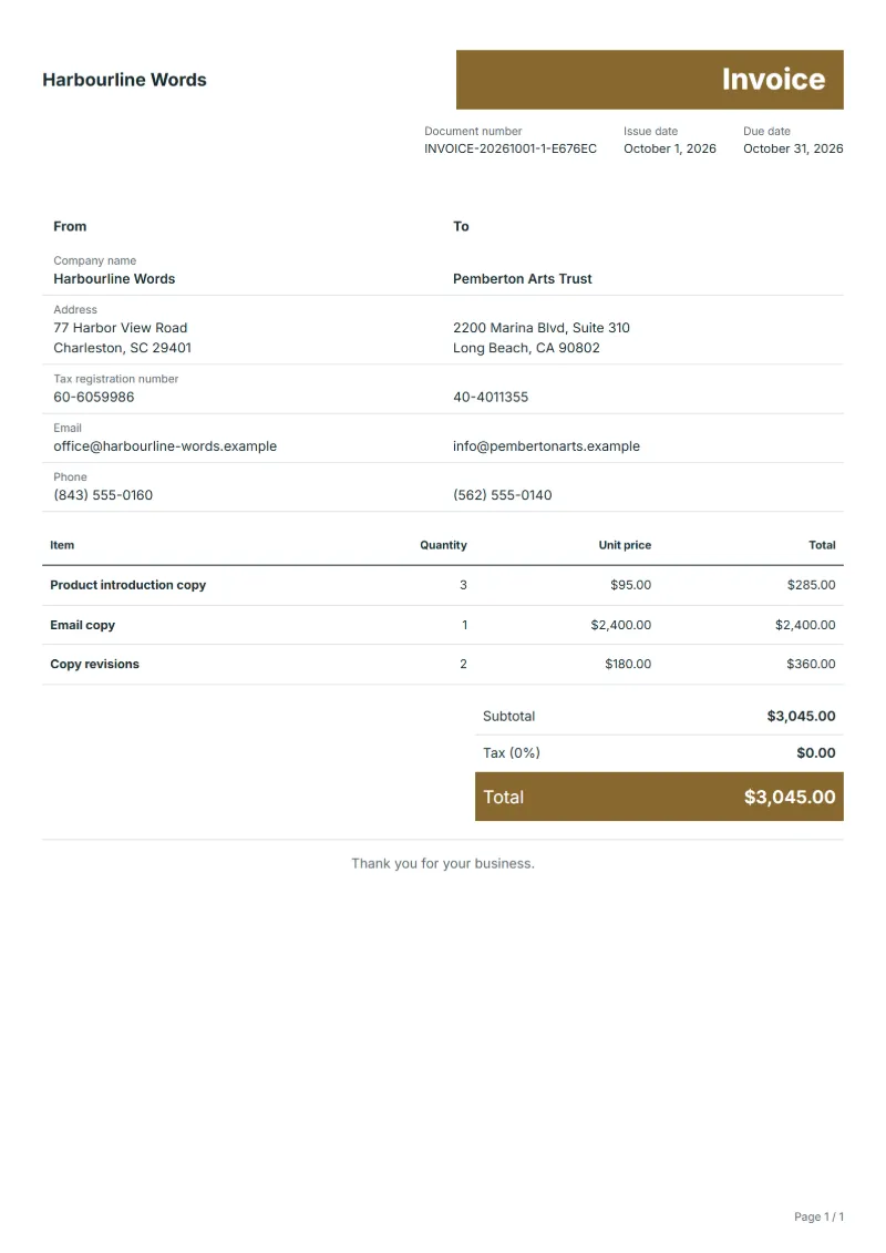Free copywriting invoice template: sample document with fictional company names, line items, quantities, prices and the total