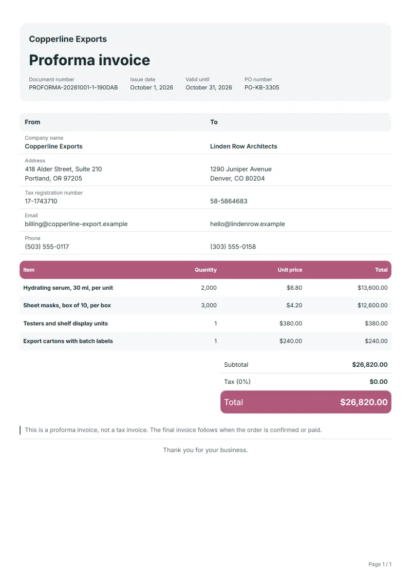 Free cosmetics export proforma invoice template: sample document with line items, quantities, prices and the total