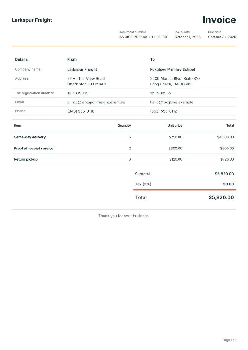 Free courier invoice template: sample document with fictional company names, line items, quantities, prices and the total