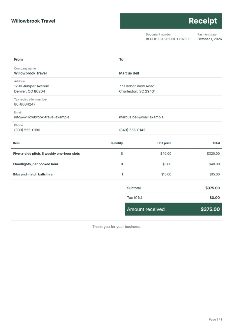 Free sports court booking receipt template: sample document with line items, quantities, prices and the total