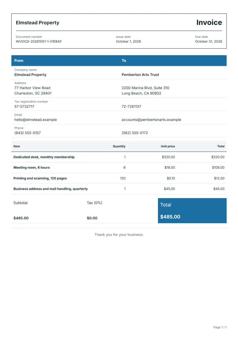 Free coworking space invoice template: sample document with line items, quantities, prices and the total