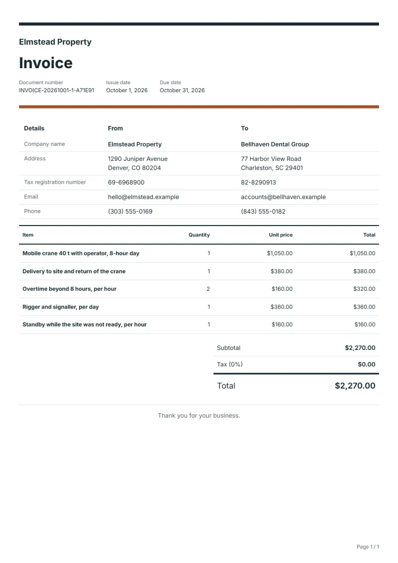 Free crane hire invoice template: sample document with fictional company names, line items, quantities, prices and the total