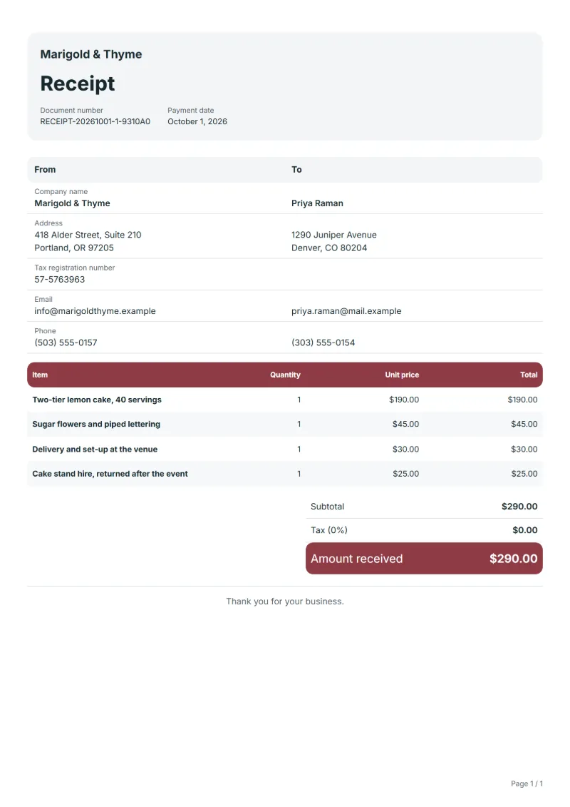 Free custom cake order receipt template: sample document with line items, quantities, prices and the total