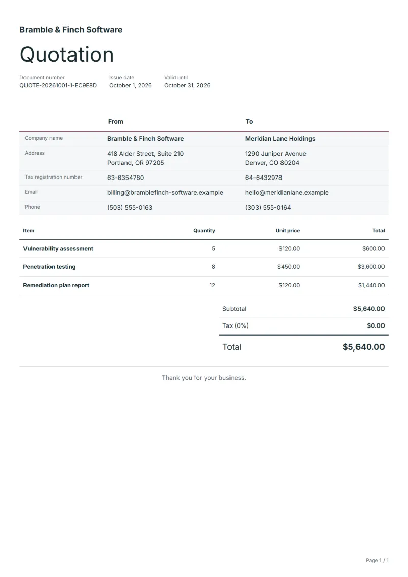 Free cybersecurity audit quotation template: sample document with line items, quantities, prices and the total
