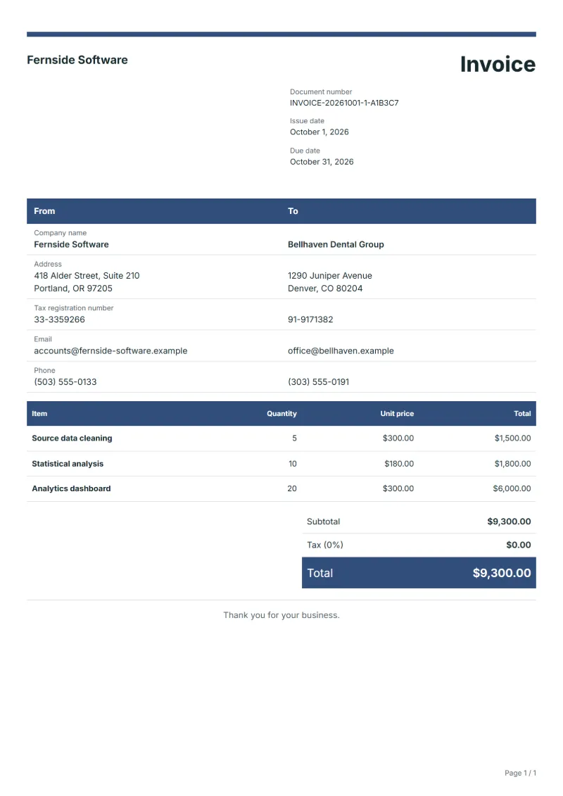 Free data analysis invoice template: sample document with line items, quantities, prices and the total