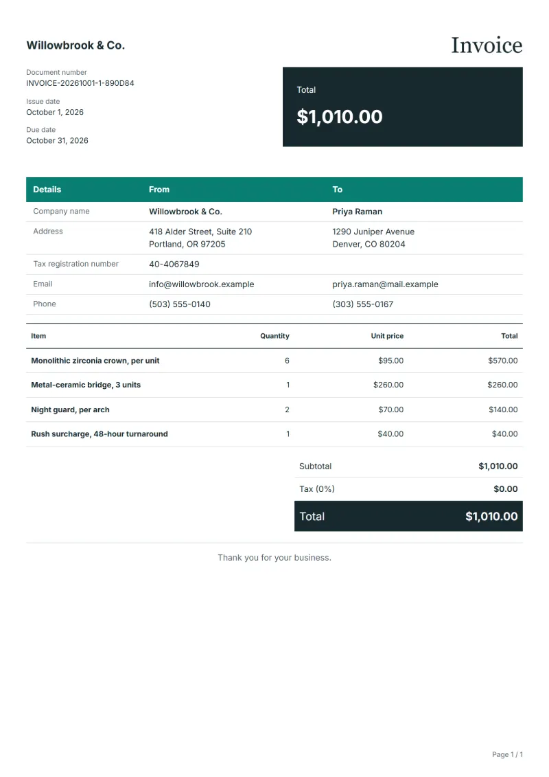 Free dental laboratory invoice template: sample document with line items, quantities, prices and the total