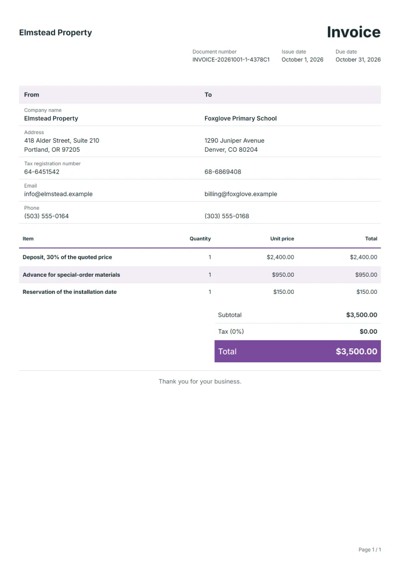 Free deposit invoice template: sample document with fictional company names, line items, quantities, prices and the total