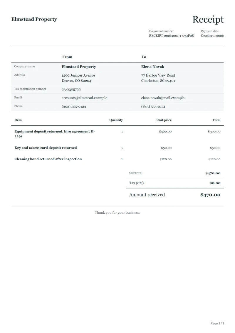 Free deposit refund receipt template: sample document with line items, quantities, prices and the total