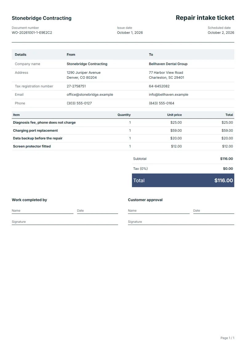 Free device repair intake work order template: sample document with line items, quantities, prices and the total