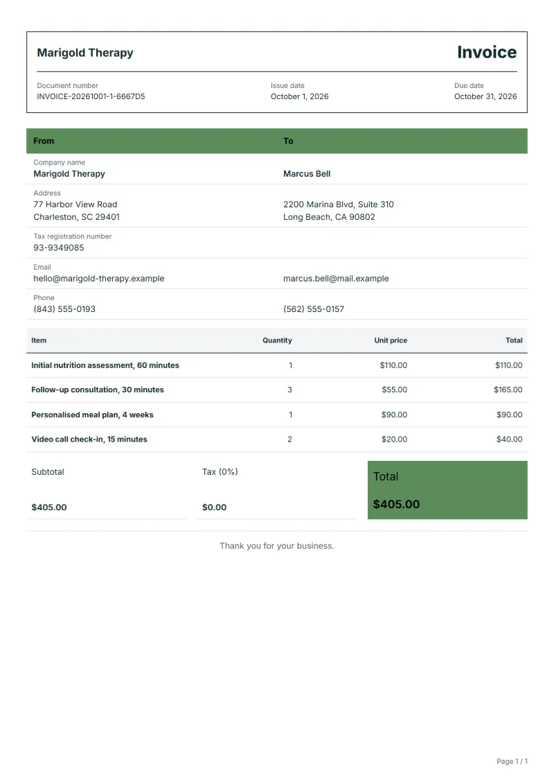 Free dietitian invoice template: sample document with fictional company names, line items, quantities, prices and the total