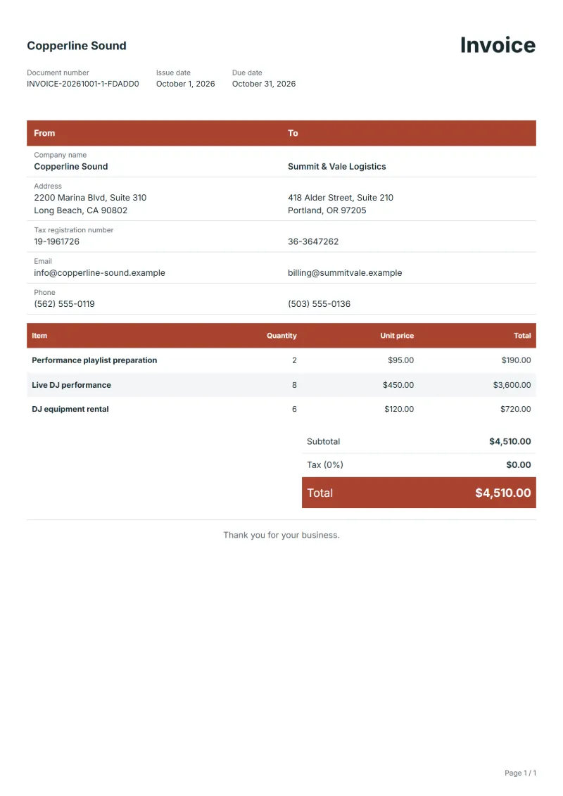 Free DJ performance invoice template: sample document with line items, quantities, prices and the total