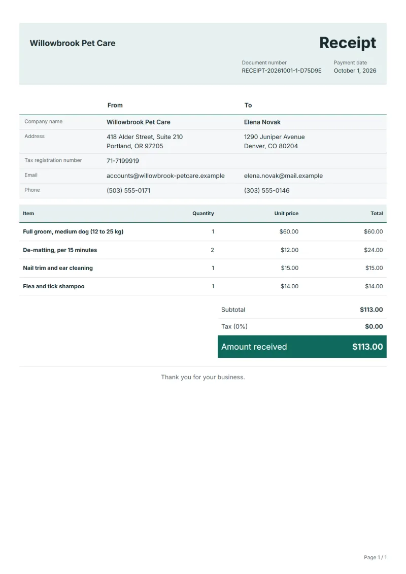 Free dog grooming receipt template: sample document with line items, quantities, prices and the total