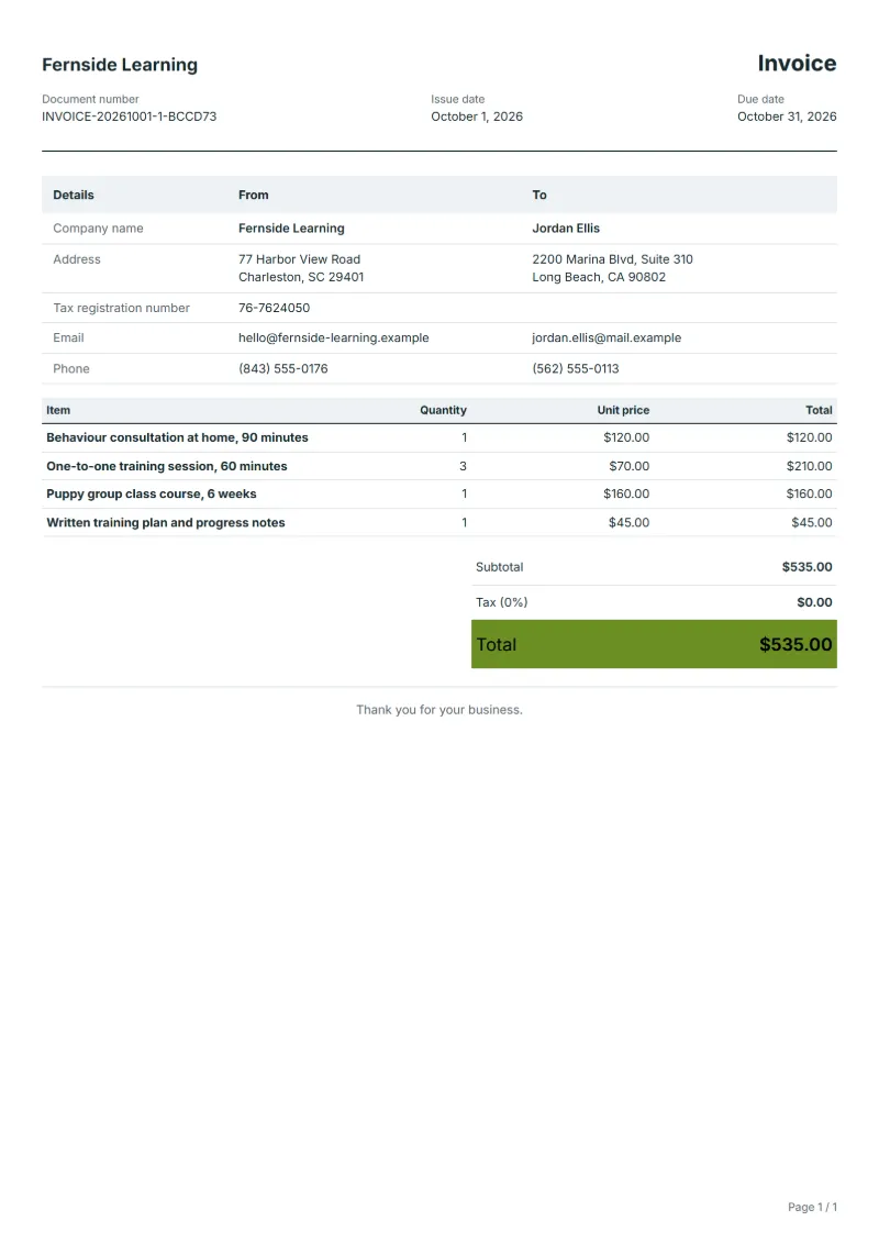 Free dog training invoice template: sample document with line items, quantities, prices and the total
