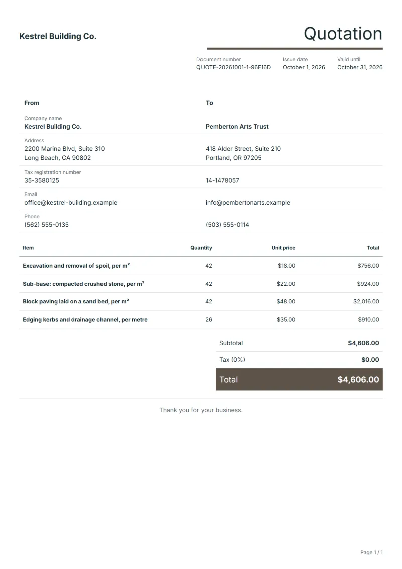 Free driveway paving quotation template: sample document with line items, quantities, prices and the total