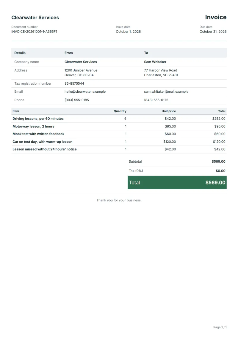 Free driving instructor invoice template: sample document with line items, quantities, prices and the total