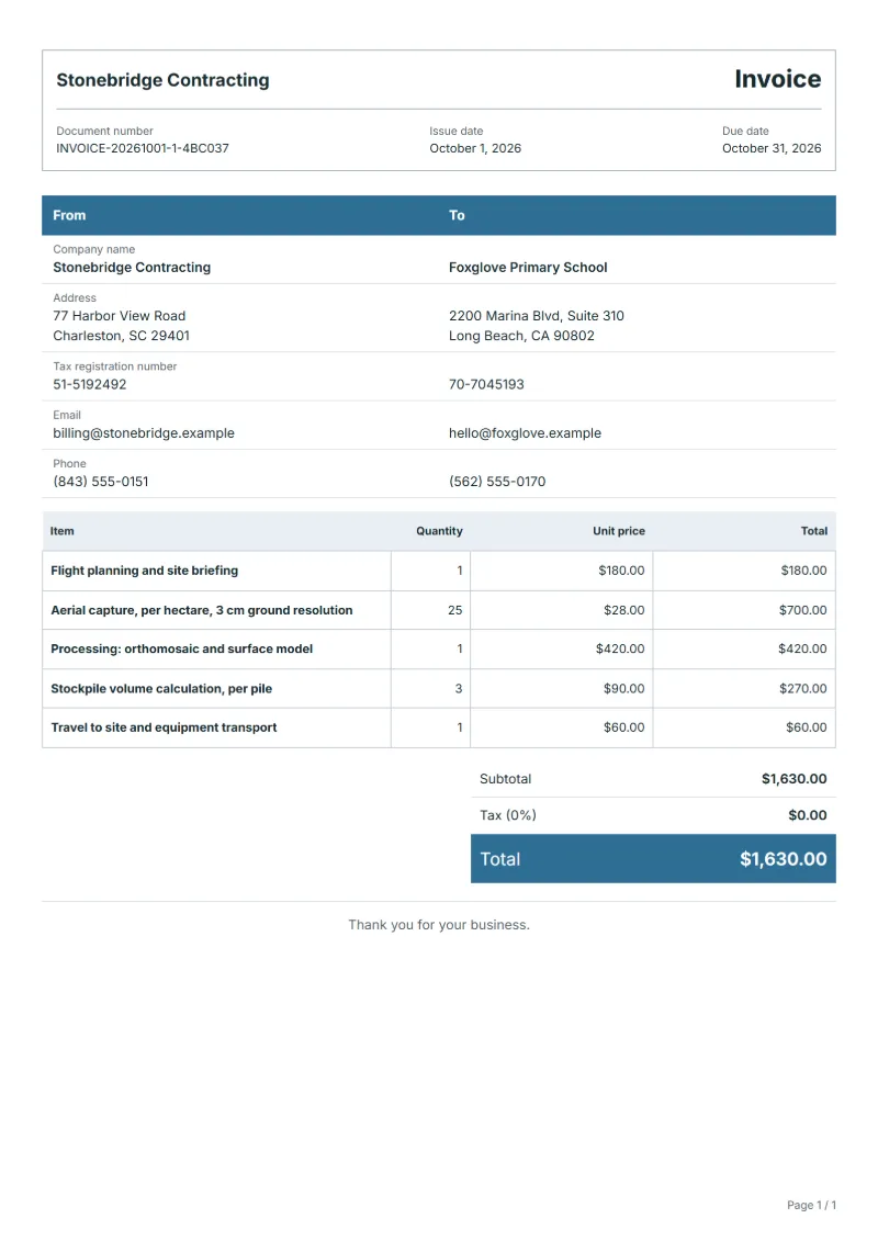 Free drone aerial survey invoice template: sample document with line items, quantities, prices and the total