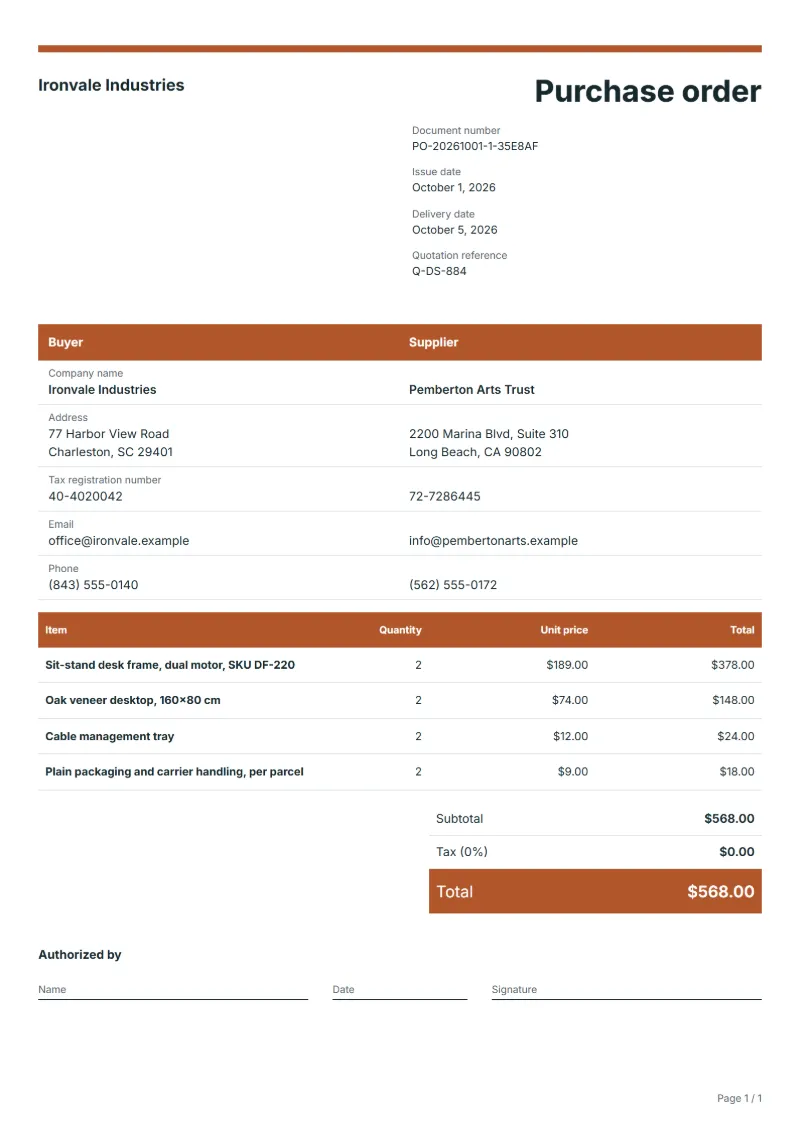 Free drop-ship purchase order template: sample document with line items, quantities, prices and the total