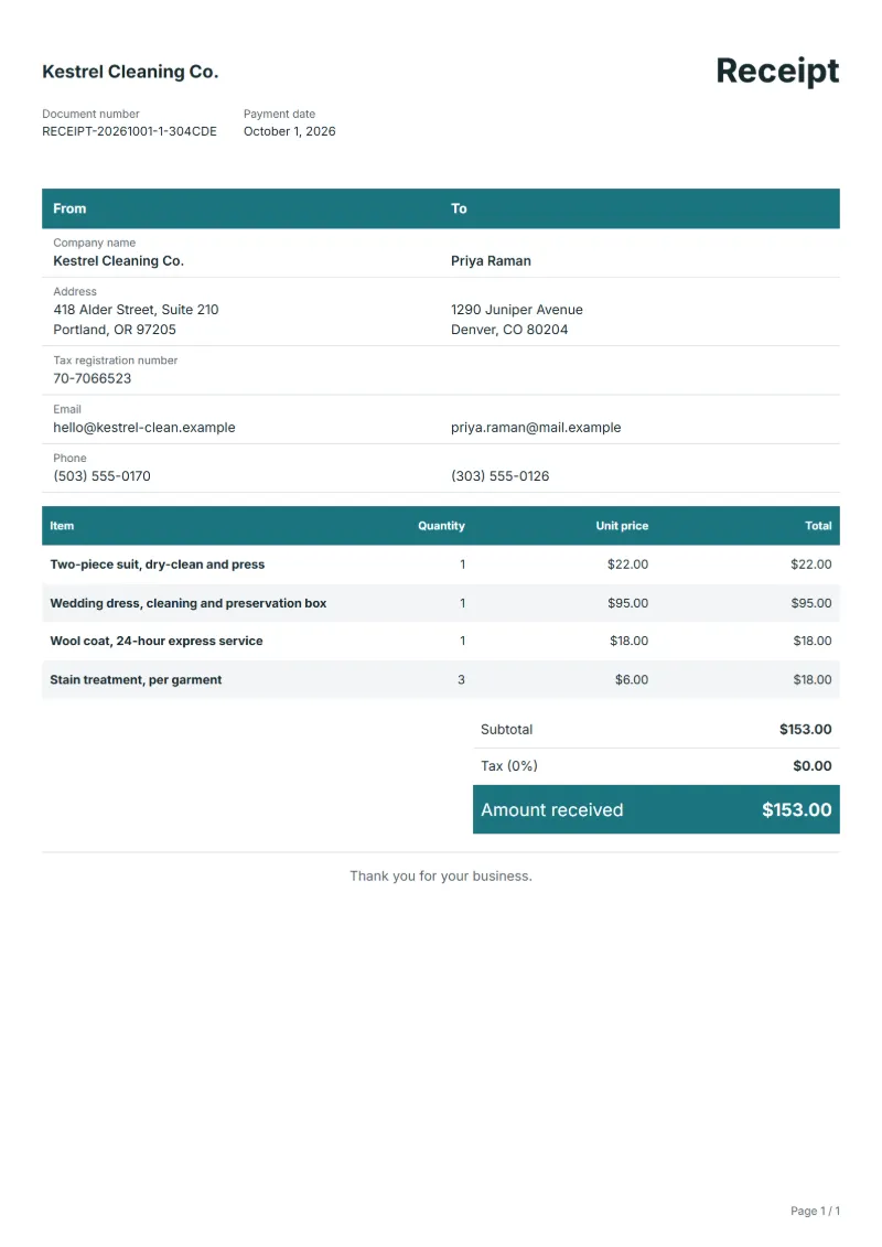 Free dry cleaning receipt template: sample document with line items, quantities, prices and the total