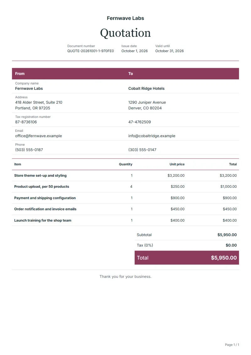 Free e-commerce website quotation template: sample document with line items, quantities, prices and the total