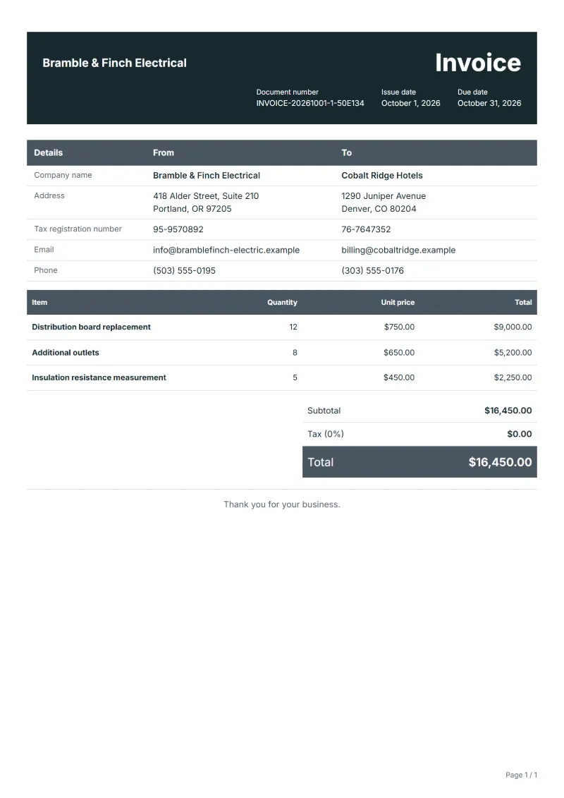 Free electrical work invoice template: sample document with line items, quantities, prices and the total