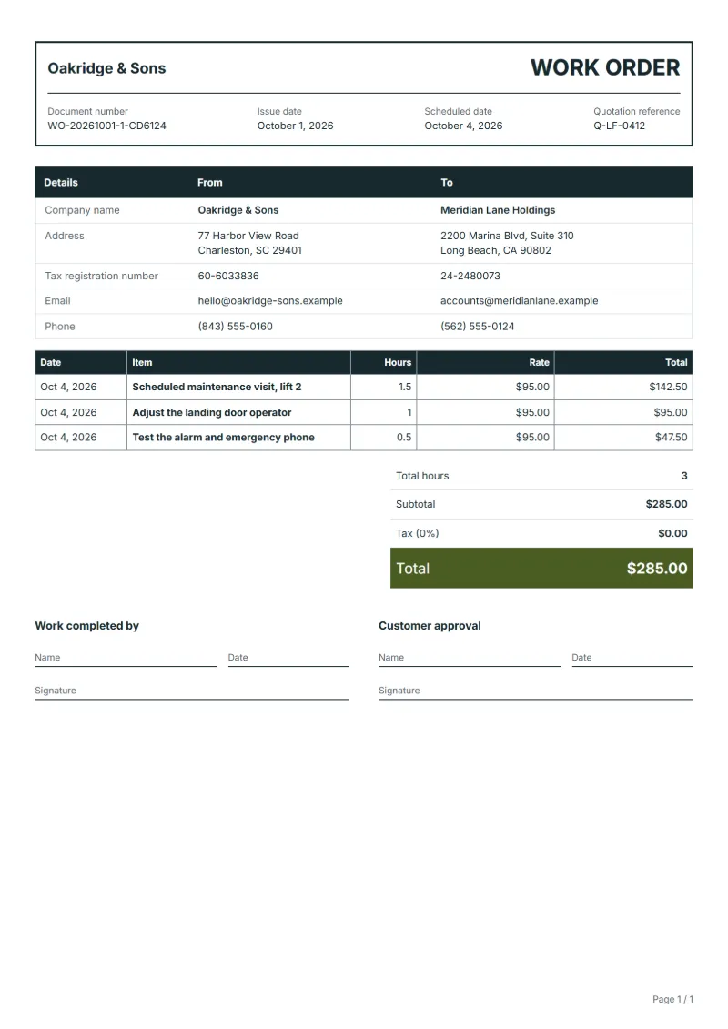 Free elevator maintenance work order template: sample document with dates, hours, hourly rates and the total