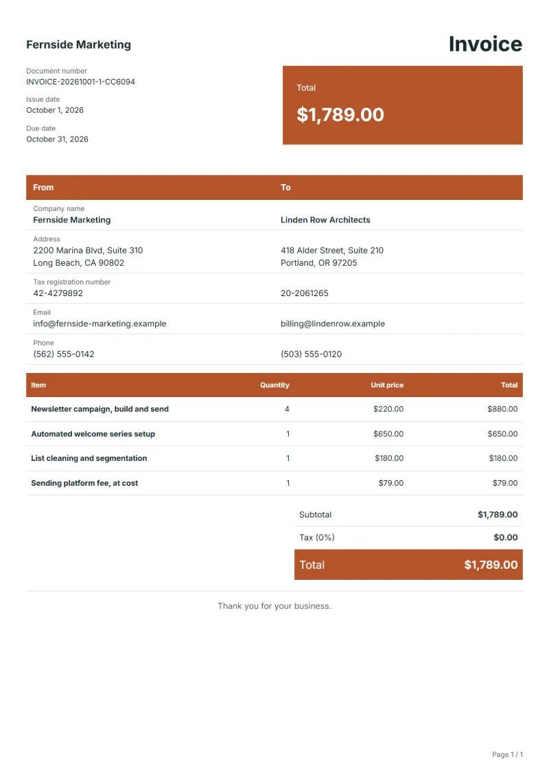 Free email marketing invoice template: sample document with line items, quantities, prices and the total