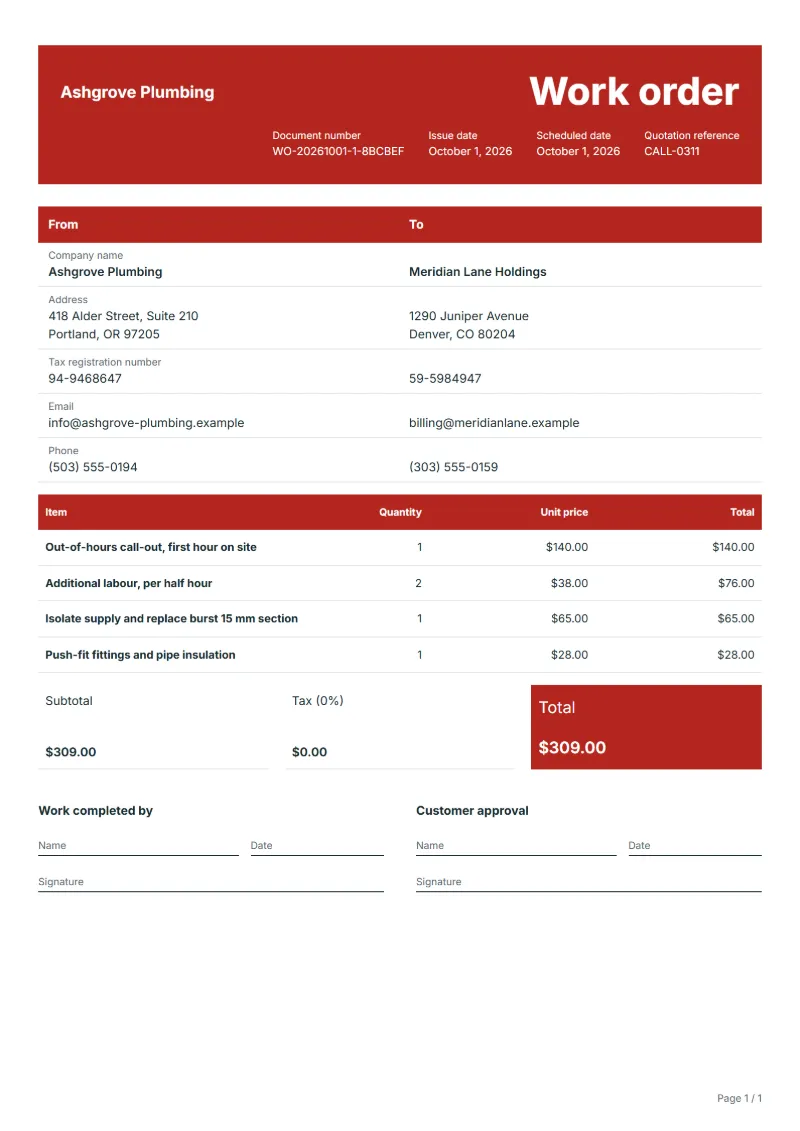 Free emergency plumbing call-out work order template: sample document with line items, quantities, prices and the total